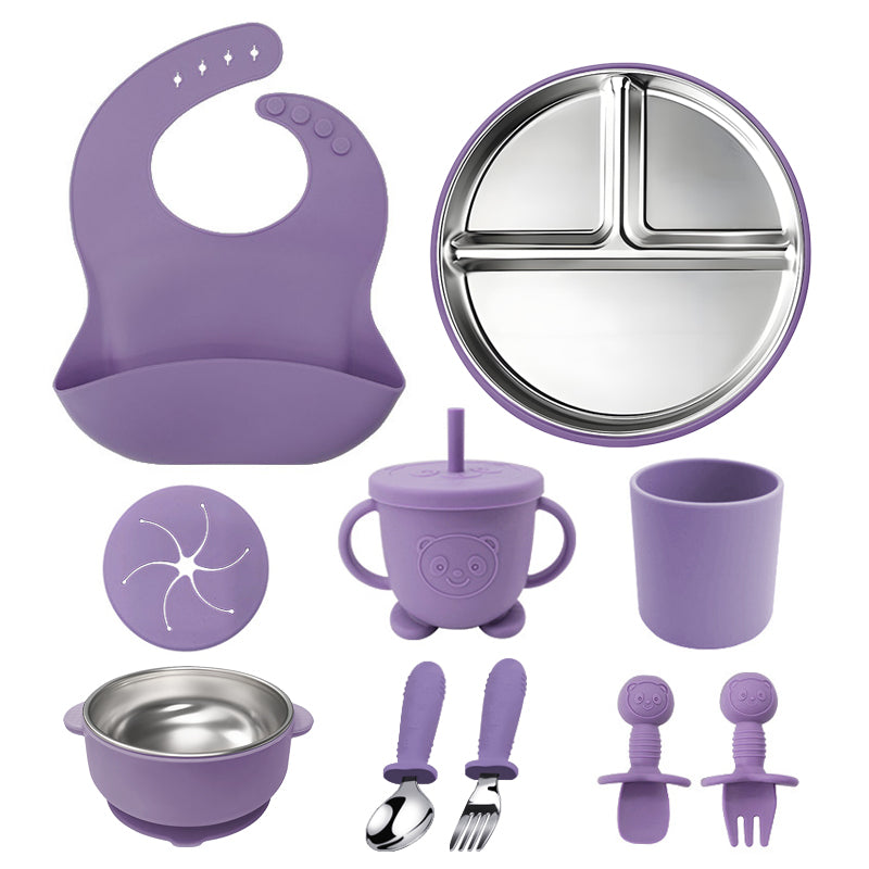 10Pcs/set Silicone Stainless Steel Baby Feeding Set Baby Tableware