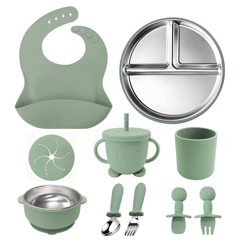 10Pcs/set Silicone Stainless Steel Baby Feeding Set Baby Tableware
