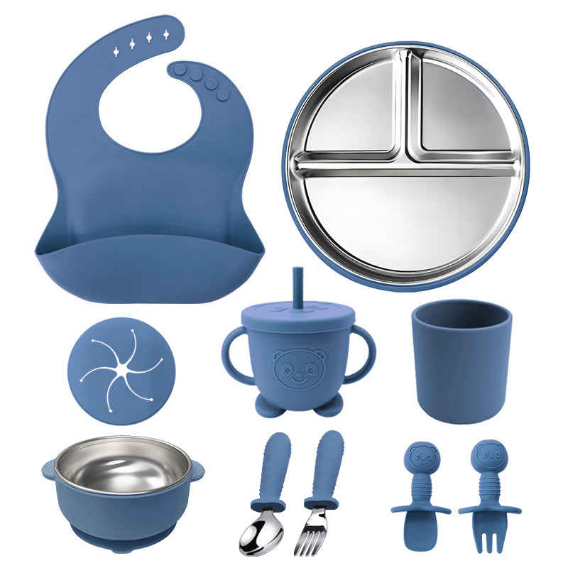 10Pcs/set Silicone Stainless Steel Baby Feeding Set Baby Tableware