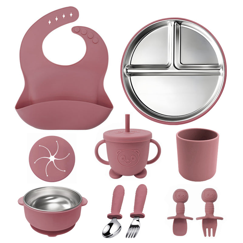 10Pcs/set Silicone Stainless Steel Baby Feeding Set Baby Tableware
