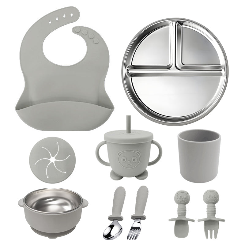 10Pcs/set Silicone Stainless Steel Baby Feeding Set Baby Tableware