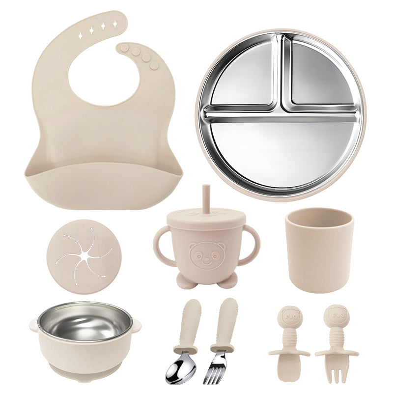 10Pcs/set Silicone Stainless Steel Baby Feeding Set Baby Tableware