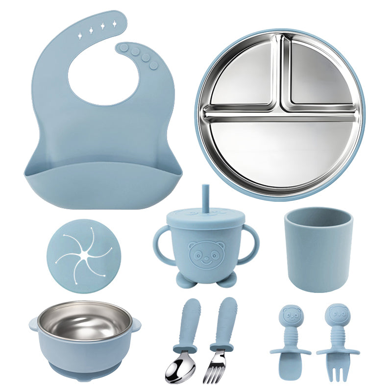 10Pcs/set Silicone Stainless Steel Baby Feeding Set Baby Tableware