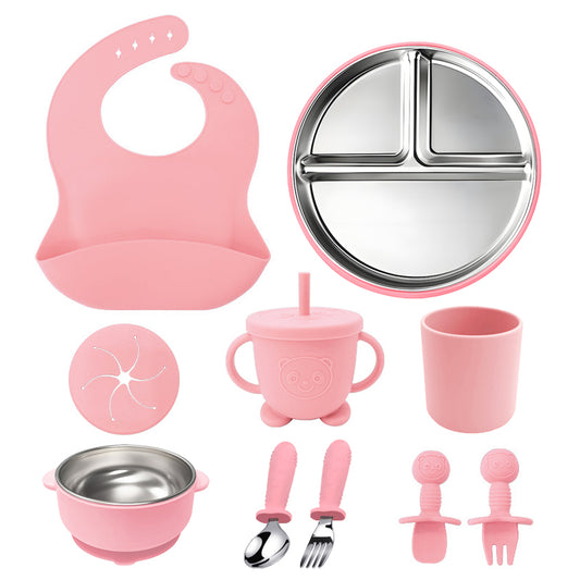 10Pcs/set Silicone Stainless Steel Baby Feeding Set Baby Tableware
