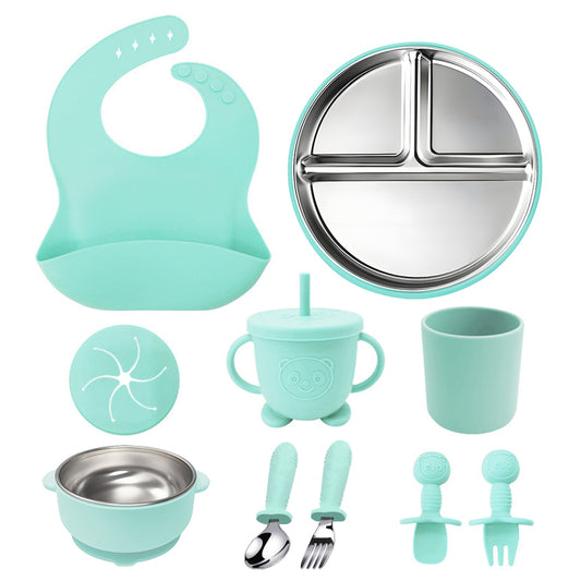 10Pcs/set Silicone Stainless Steel Baby Feeding Set Baby Tableware